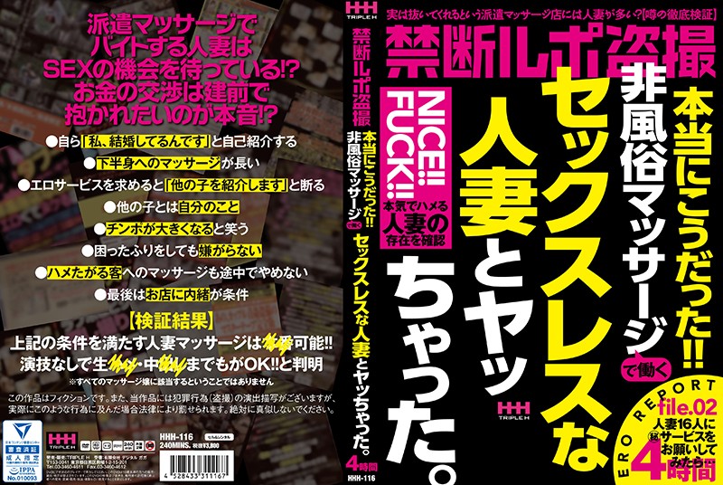 禁断ルポ盗撮本当にこうだった！！非風俗マッサージで働くセックスレスな人妻とヤッちゃった。